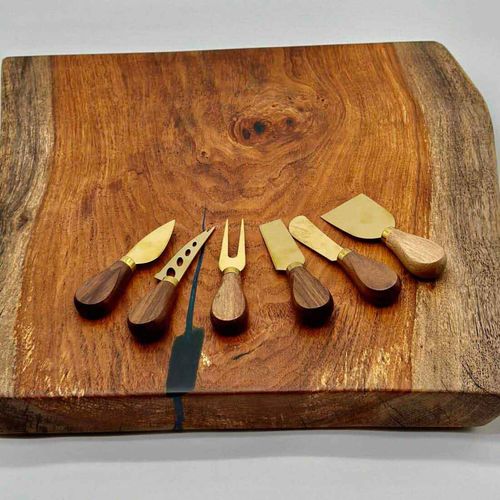 Mesquite Live Edge Charcuterie / Cutting Board With 6 Cheese Knives Set, 18x17x1.75