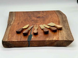 Mesquite Live Edge Charcuterie / Cutting Board With 6 Cheese Knives Set, 18x17x1.75