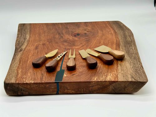 Mesquite Live Edge Charcuterie / Cutting Board With 6 Cheese Knives Set, 18x17x1.75