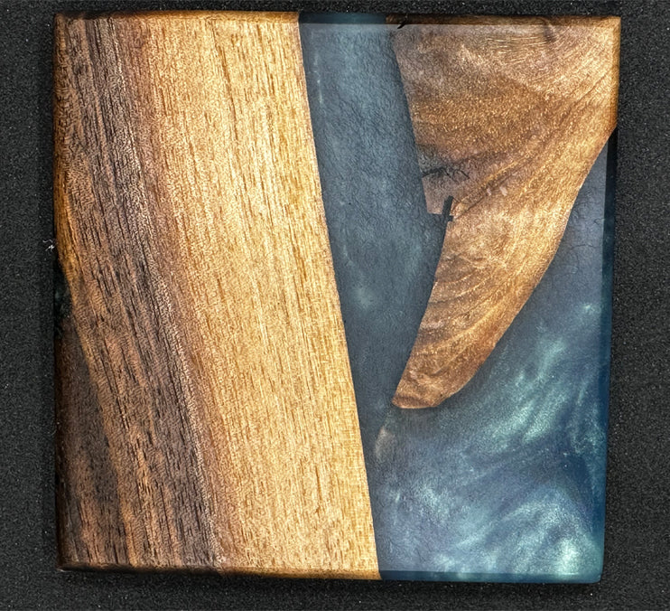 Black Walnut Coaster Set (4) With Blue Epoxy 4x4 Inch