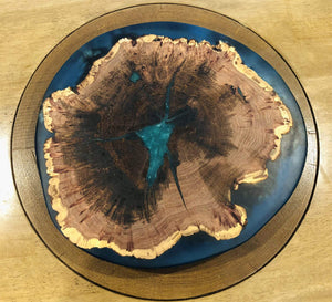 Mesquite Live Edge Lazy Susan With Clear Blue Epoxy, 18x18x1.5 Inches