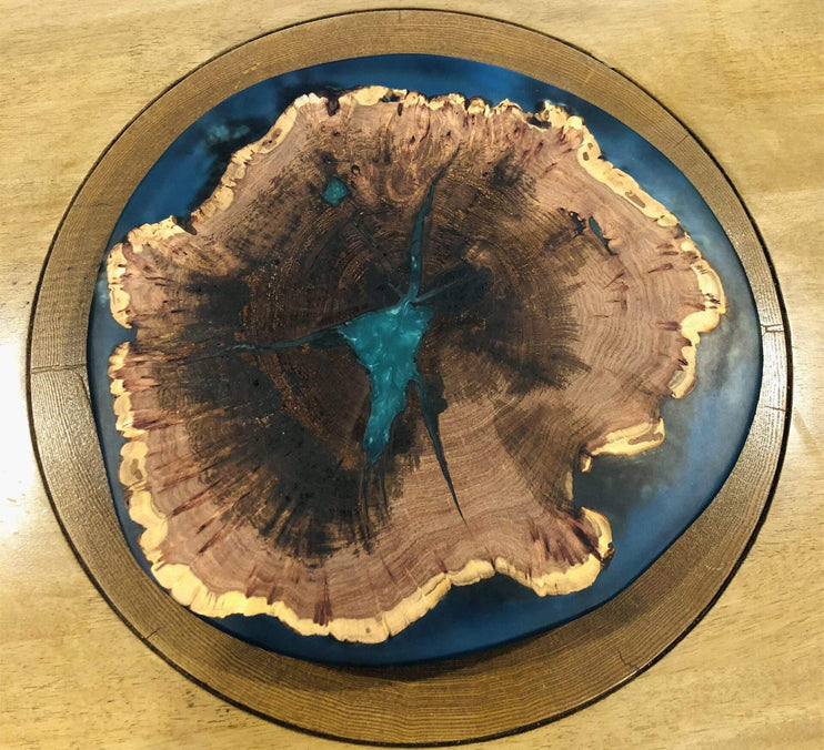 Mesquite Live Edge Lazy Susan With Clear Blue Epoxy, 18x18x1.5 Inches