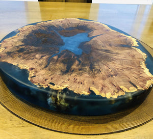 Mesquite Live Edge Lazy Susan With Clear Blue Epoxy, 18x18x1.5 Inches