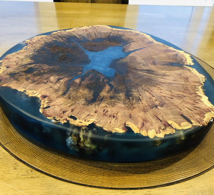 Mesquite Live Edge Lazy Susan With Clear Blue Epoxy, 18x18x1.5 Inches