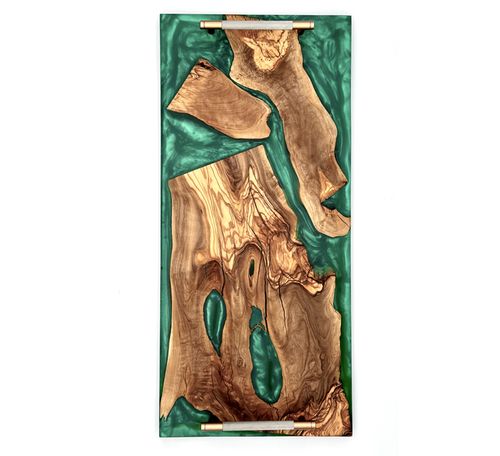 Olive Wood Green Epoxy Tray With Gold Handles