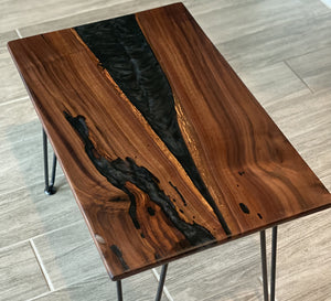 Walnut Table With Black Mica Epoxy and Metal Hair PIN Legs 24 X 14 X 3/4 Inch