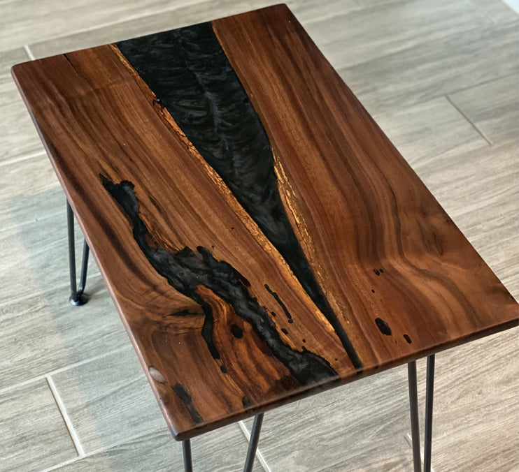 Walnut Table With Black Mica Epoxy and Metal Hair PIN Legs 24 X 14 X 3/4 Inch