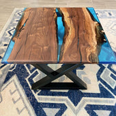Black Walnut Coffee Table With Blue Epoxy 24x24x1 Inch, Satin Black Powder Coated Metal Legs