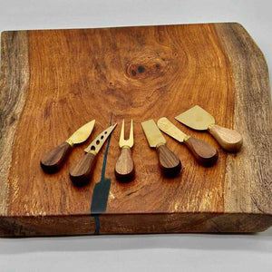 Mesquite Live Edge Charcuterie / Cutting Board With 6 Cheese Knives Set, 18x17x1.75