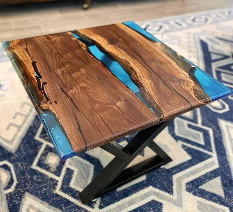 Black Walnut Coffee Table With Blue Epoxy 24x24x1 Inch, Satin Black Powder Coated Metal Legs