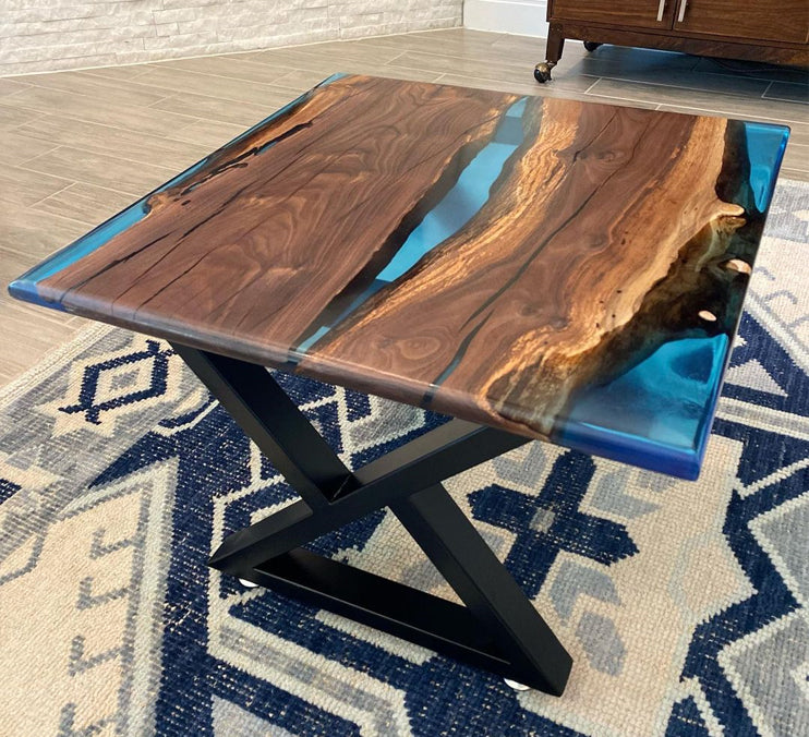 Black Walnut Coffee Table With Blue Epoxy 24x24x1 Inch, Satin Black Powder Coated Metal Legs