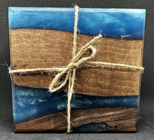 Black Walnut Coaster Set (4) With Blue Epoxy 4x4 Inch
