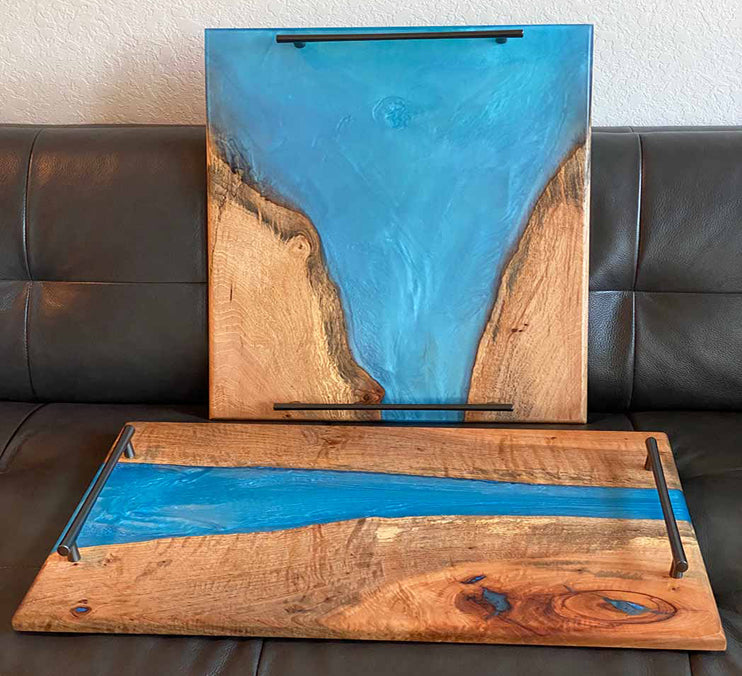 Elm Serving Tray With Ocean Blue Epoxy Finished With Rubio Monocoat 24 X 15 X 1inch