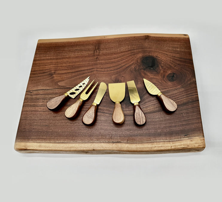 Live Edge Walnut Charcuterie Board With 6 Cheese Knives Set 19x12.5x1 1/4 Inch