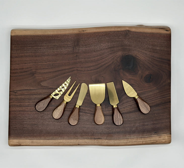 Live Edge Walnut Charcuterie Board With 6 Cheese Knives Set 19x12.5x1 1/4 Inch