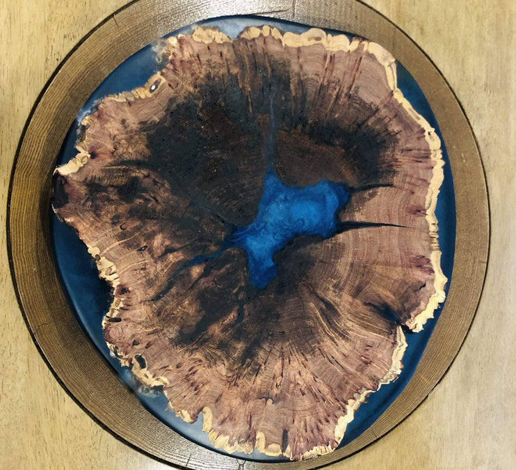 Mesquite Live Edge Lazy Susan With Clear Blue Epoxy, 18x18x1.5 Inches