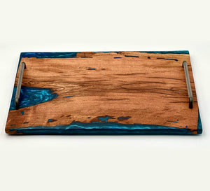 Mesquite Live Edge, Blue Epoxy Tray, Finished With Food Safe Odes Oil, Rubber Feet 23x14 1/2x 1