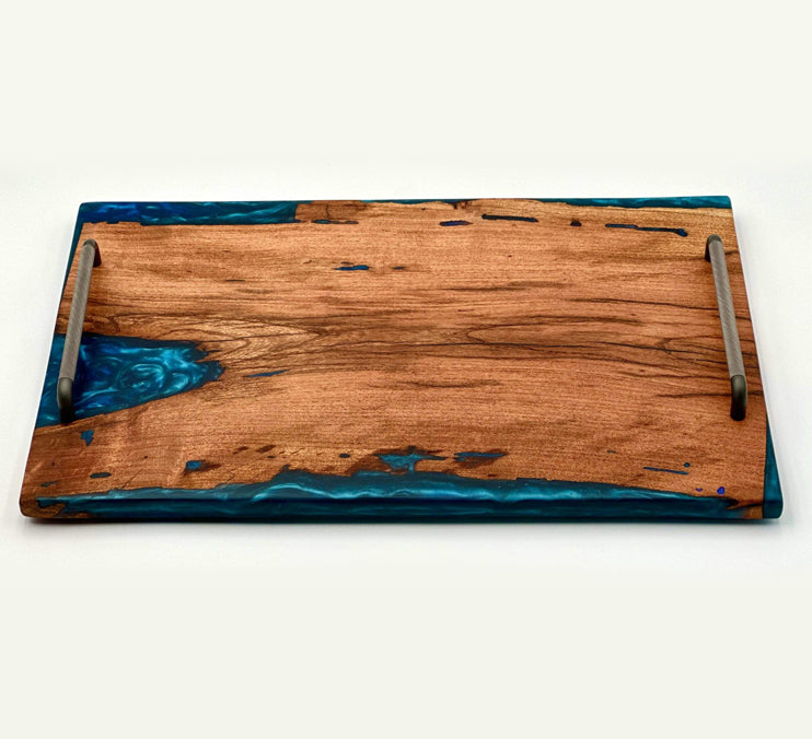 Mesquite Live Edge, Blue Epoxy Tray, Finished With Food Safe Odes Oil, Rubber Feet 23x14 1/2x 1