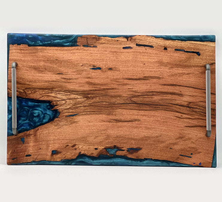 Mesquite Live Edge, Blue Epoxy Tray, Finished With Food Safe Odes Oil, Rubber Feet 23x14 1/2x 1