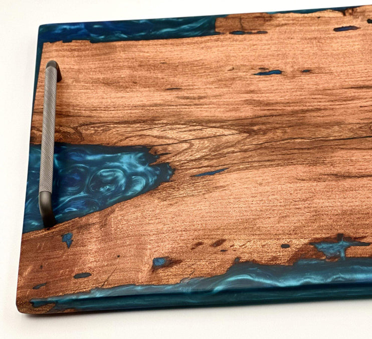 Mesquite Live Edge, Blue Epoxy Tray, Finished With Food Safe Odes Oil, Rubber Feet 23x14 1/2x 1