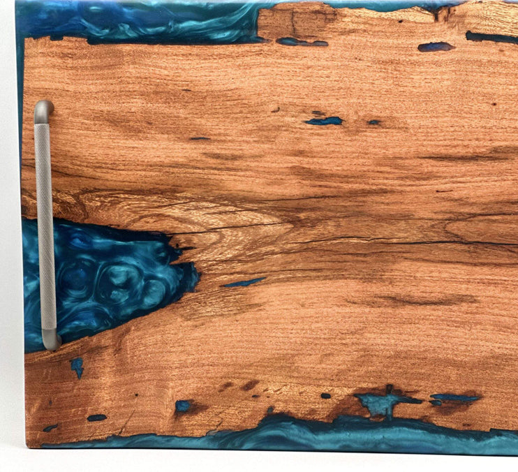 Mesquite Live Edge, Blue Epoxy Tray, Finished With Food Safe Odes Oil, Rubber Feet 23x14 1/2x 1