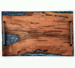 Mesquite Live Edge, Blue Epoxy Tray, Finished With Food Safe Odes Oil, Rubber Feet 23x14 1/2x 1