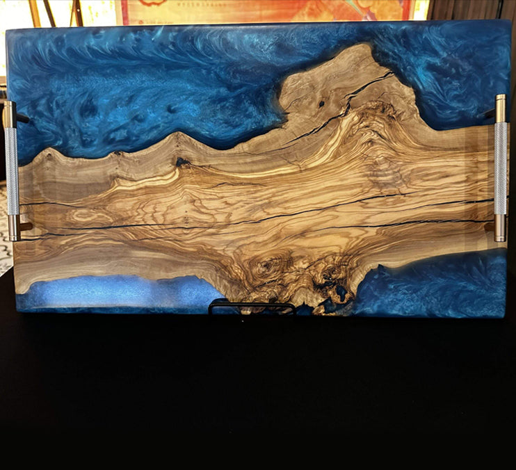Olive Wood Blue Epoxy Tray 23x15x1 Inch