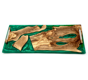 Olive Wood Green Epoxy Tray With Gold Handles