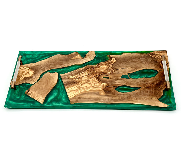 Olive Wood Green Epoxy Tray With Gold Handles