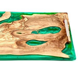 Olive Wood Green Epoxy Tray With Gold Handles