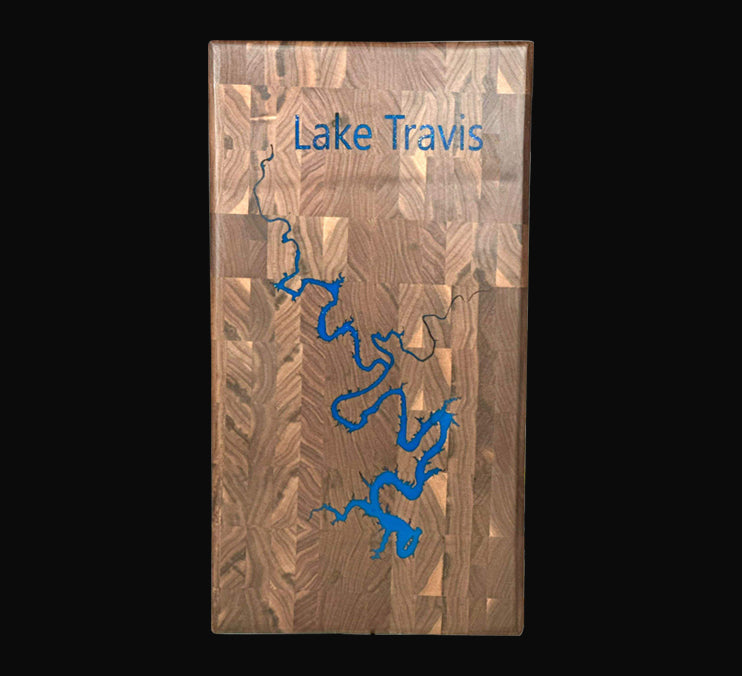 Walnut End Grain Board With Engraved Lake Travis 12x10x1 1/2 Inch