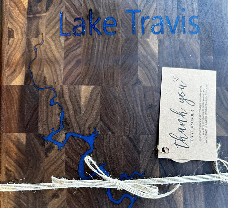 Walnut End Grain Board With Engraved Lake Travis 12x10x1 1/2 Inch