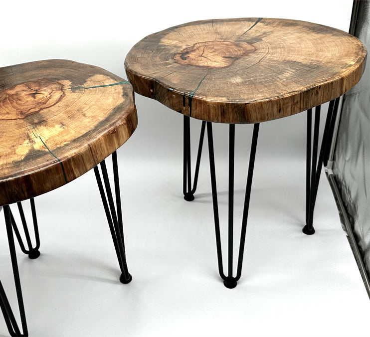 Pecan Live Edge Tables With 16 Inch Hairpin Legs