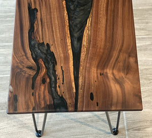 Walnut Table With Black Mica Epoxy and Metal Hair PIN Legs 24 X 14 X 3/4 Inch
