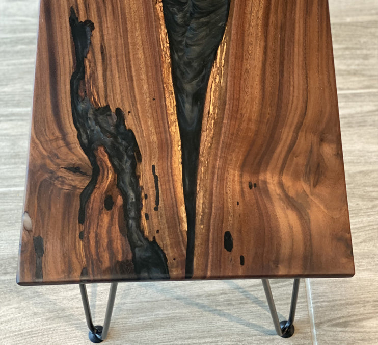 Walnut Table With Black Mica Epoxy and Metal Hair PIN Legs 24 X 14 X 3/4 Inch