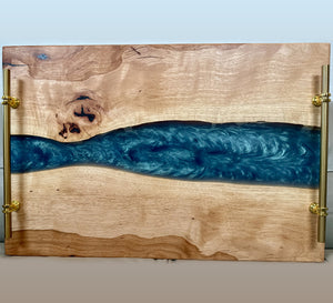 Pecan Tray /board With Blue Epoxy (Food Safe) 24x16x1 1/2 Inch