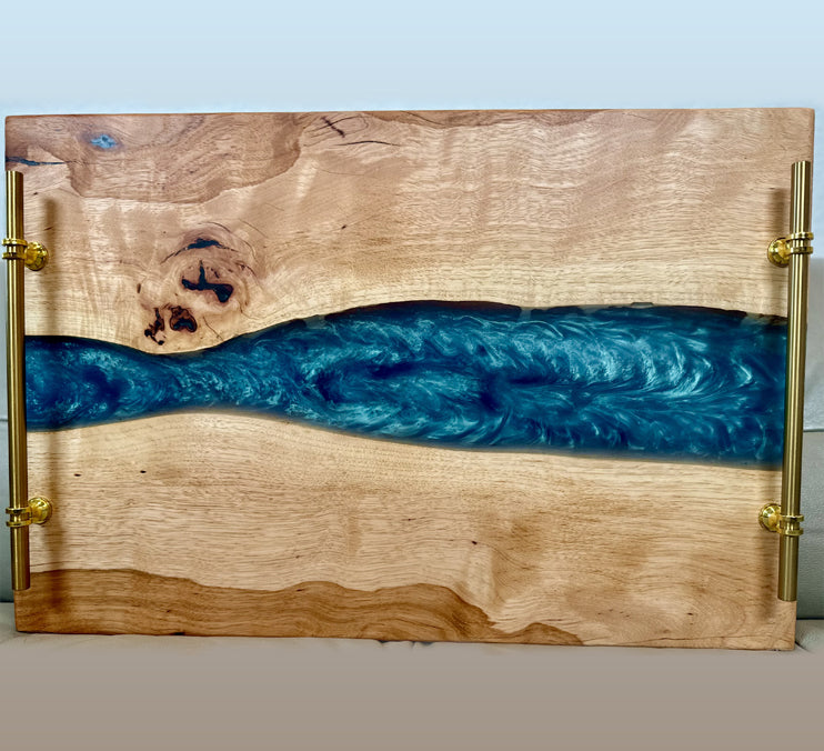 Pecan Tray /board With Blue Epoxy (Food Safe) 24x16x1 1/2 Inch