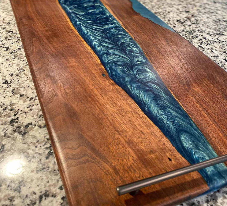Walnut Serving Tray With Turquoise Epoxy Finished With Rubio Monocot 26 X14 X3/4 Inch